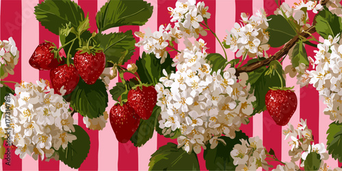 Uma composição vibrante de morangos vermelhos maduros e delicadas flores brancas em um fundo listrado rosa e elegante.