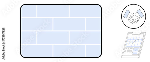 Light blue brick wall symbolizing foundation, handshake representing teamwork, report showing data. Ideal for partnership, trust, strategy, analytics, organization growth, stability simple flat