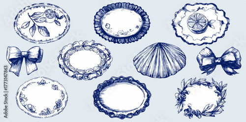 Variedade de elementos gráficos vintage desenhados à mão, como molduras ovais, laços elegantes e uma concha marinha, em tons de azul.