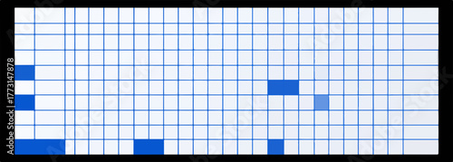 Uma representação visual abstrata de dados digitais em uma grade de células azuis e brancas, simbolizando análise tecnológica e sistemas complexos.