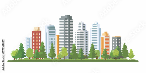 Cenário de cidade estilizado com arquitetura diversificada e natureza integrada, ideal para conceitos de desenvolvimento urbano e ecologia.