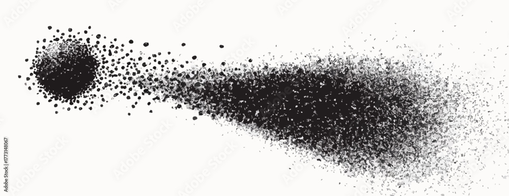 Uma ilustração abstrata em preto e branco de um corpo celeste ou partícula se desintegrando, criando uma cauda dinâmica de poeira e energia no espaço.