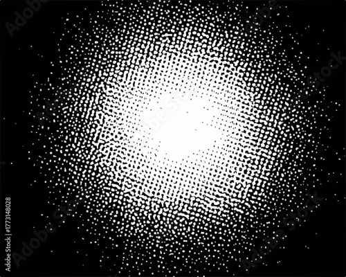Uma explosão abstrata de luz e textura pontilhada em preto e branco, gerando um efeito dinâmico e granulado.