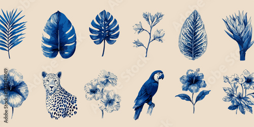Padrão sofisticado com elementos tropicais como folhas exóticas, flores vibrantes, um leopardo e uma arara, ilustrados em um elegante estilo azul.