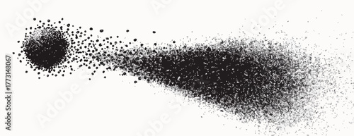 Uma ilustração abstrata em preto e branco de um corpo celeste ou partícula se desintegrando, criando uma cauda dinâmica de poeira e energia no espaço.