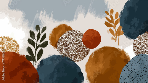 Esta ilustração abstrata moderna apresenta formas orgânicas e texturas terrosas, criando um pano de fundo sereno e elegante.