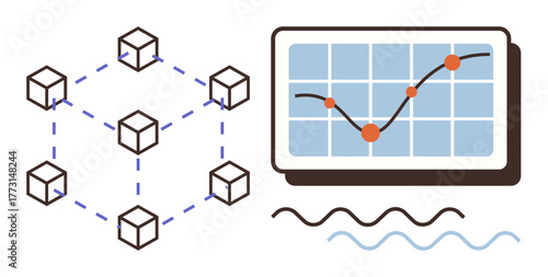 Connected cubes forming a decentralized network next to a graph with rising points. Ideal for blockchain, data analytics, innovation, statistics, growth, technology, and digital economy. Simple flat