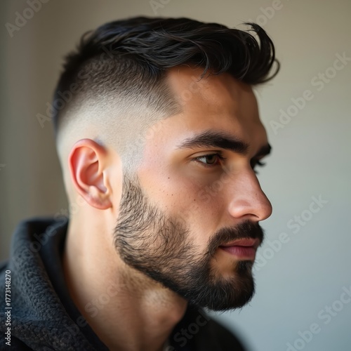 Handsome man with stylish haircut poses indoors. Male model with beard and crew cut shows modern hairstyle. Portrait of attractive person with cool hair and confident look.