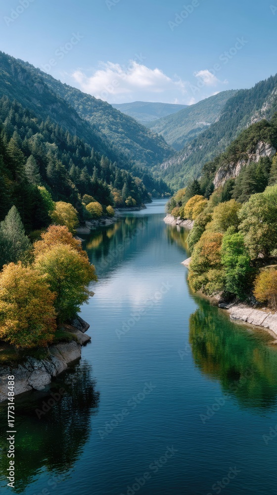Fototapeta premium Serene Lake Reflecting Majestic Forested Mountains Under a Clear Blue Sky with Autumn Foliage on the Shores