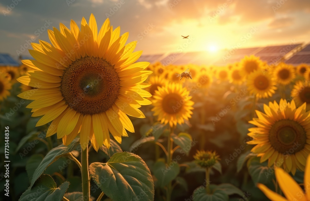 Fototapeta premium Sunflowers grow near solar panels in golden light. Agrivoltaic system combines agriculture with solar tech. Flowers field utilizes land for energy generation, crop growth. Sustainable eco power, food
