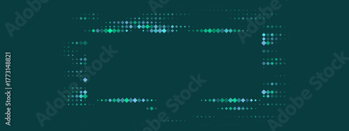 Abstract digital frame with shimmering blue and green diamond pixels on a dark teal background, modern tech border design