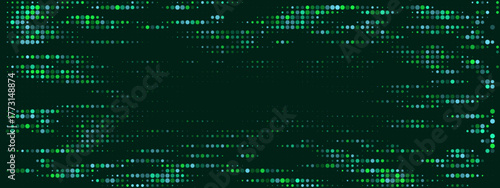 Dynamic green and blue halftone dots creating a modern digital background, abstract tech pattern with copy space