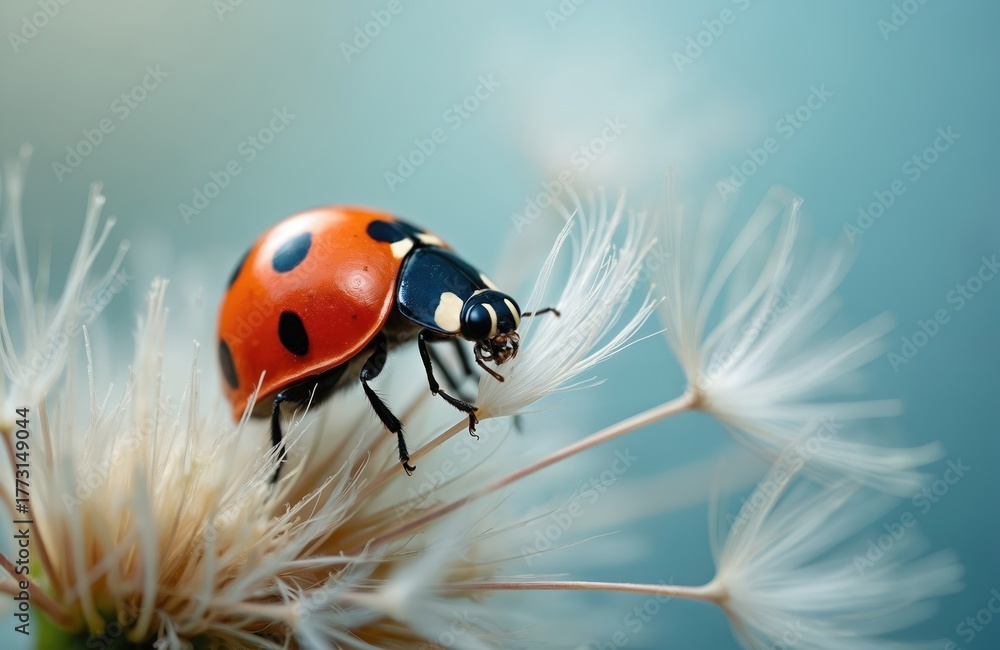 Obraz premium Ladybug sits on dandelion blowball in springtime. A red insect with black spots rests on white flower. Macro photo shows tiny bug detail. Nature beauty.