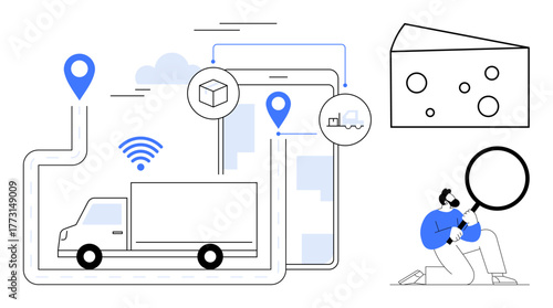 Delivery truck on route with GPS and wireless icons, tablet integration, food item check. Ideal for logistics, shipping, technology, quality assurance, food safety, location services data tracking