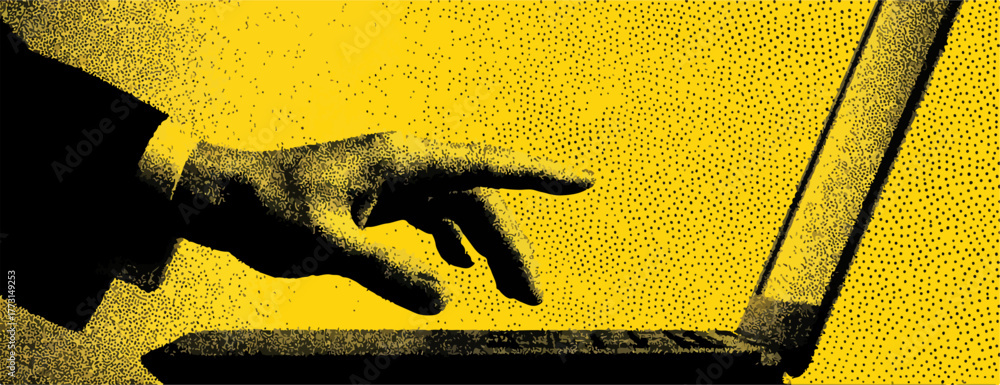 Uma mão profissional digitando rapidamente em um laptop moderno contra um fundo amarelo vibrante, simbolizando trabalho digital e tecnologia.