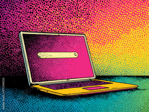 Ilustração pop art de um laptop com campo de busca, simbolizando a exploração online e a era digital colorida.