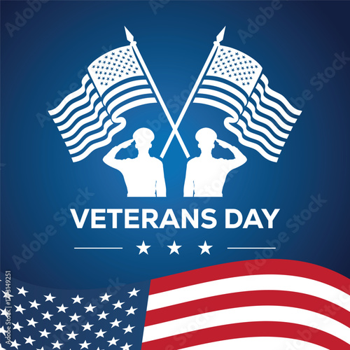 Veterans Day illustration featuring a saluting soldier silhouette with two American flags on a blue background. Patriotic design honoring military service, courage, and national pride in the USA.
