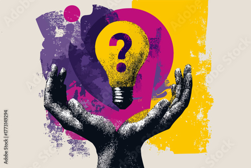 Esta imagem conceitual vibrante apresenta mãos segurando uma lâmpada com ponto de interrogação, refletindo a busca por ideias e soluções inovadoras.