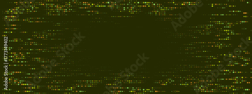 Abstract digital background with glowing green and yellow dots forming a futuristic data pattern frame, perfect for technology and science concepts.