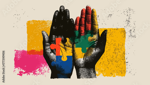 Ilustração texturizada de mãos unidas com peças de quebra-cabeça coloridas, simbolizando diversidade, inclusão e conexão humana.