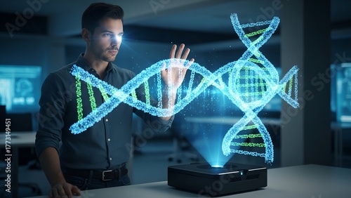 A man interacts with a futuristic digital projection of a DNA helix in a lab setting