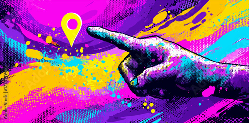 Uma mão expressiva e colorida aponta para um ícone de localização, imersa em um fundo abstrato vibrante de pinceladas digitais energéticas.