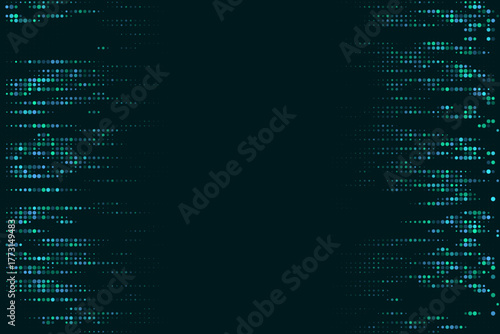 Abstract digital background with flowing blue and green pixelated dots creating a modern technology data pattern for futuristic designs.
