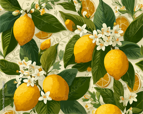 Um padrão vibrante e sem costura de limões frescos, folhas verdes exuberantes e delicadas flores brancas, evocando a beleza natural do verão.