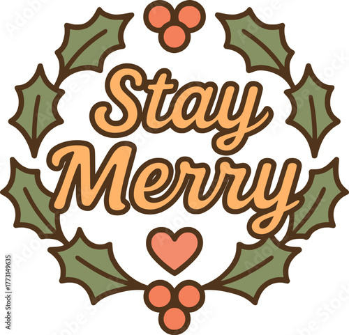 Joyful flat vector design with holly wreath and heart in warm pastel tones