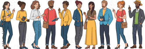 Diverse Group of Individuals Standing with Writing Tools, Engaged in Thoughtful Conversation and Collaboration in a Creative, Inclusive Environment