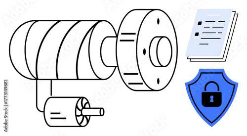 Electric motor part with coiled wires, security shield with lock, and a stack of documents. Ideal for engineering, cybersecurity, industrial design, compliance, innovation, energy and protection