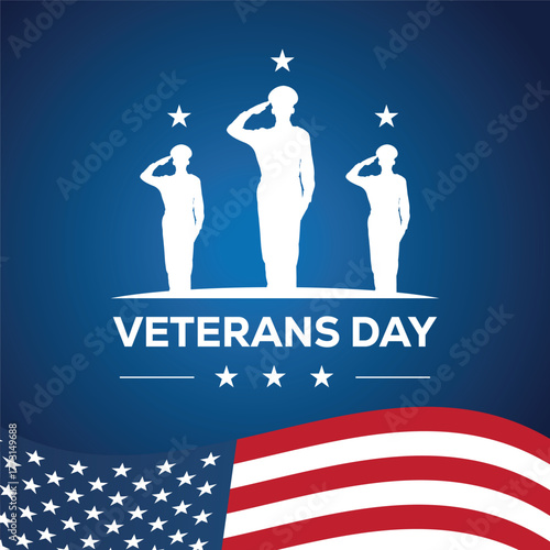 Veterans Day illustration featuring a saluting soldier silhouette with two American flags on a blue background. Patriotic design honoring military service, courage, and national pride in the USA.