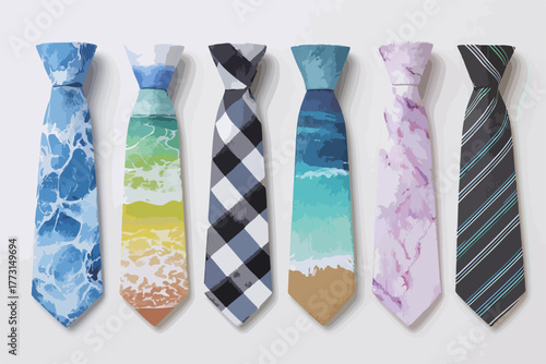 Seis gravatas masculinas coloridas e elegantes apresentam padrões diversos como abstrato, praia, xadrez, mármore e listras, dispostas em fundo branco.