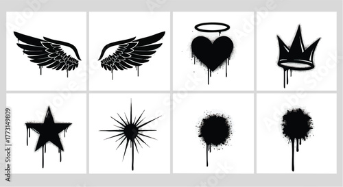 Spray Paint Icon Set Wings Heart Crown Star Sun Splatter.