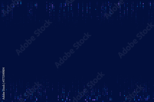 Abstract dark blue background with shimmering digital diamond particles, creating a modern tech-inspired data flow pattern at the edges