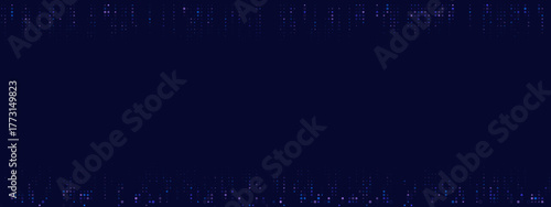 Abstract dark blue digital background with glowing pixel dots at top and bottom edges, modern technology concept