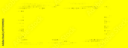 Abstract digital background with binary code forming a rectangular frame on a vibrant yellow backdrop, representing data and technology