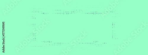 Abstract digital frame composed of binary code on a light green background, symbolizing technology, data, and computing concepts.