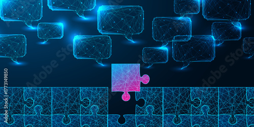 AI integration and solution concept with glowing puzzle piece in digital chatbot network