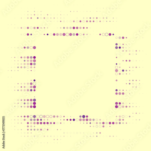 Abstract Digital Art Background with Purple and Beige Dots and Circles Forming a Modern Geometric Frame Pattern on a Light Yellow Canvas