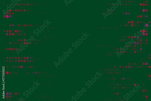 Abstract digital background with scattered red and purple diamond shapes on a dark green backdrop, creating a modern geometric pattern for technology or festive designs.
