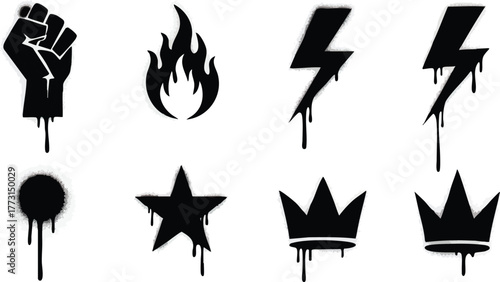 Collection of black graffiti spray paint stencil shapes and icons.