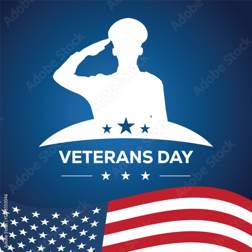 Veterans Day illustration featuring a saluting soldier silhouette with two American flags on a blue background. Patriotic design honoring military service, courage, and national pride in the USA.