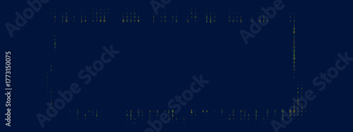 Digital binary code stream forming a glowing rectangular frame on a dark blue background, representing data, technology, and cyber security concepts.