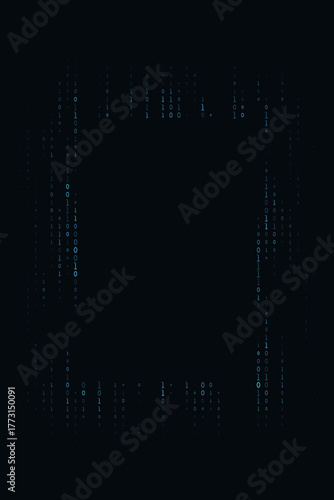 Abstract digital binary code frame on a transparent background, representing data, programming, and futuristic technology concepts.