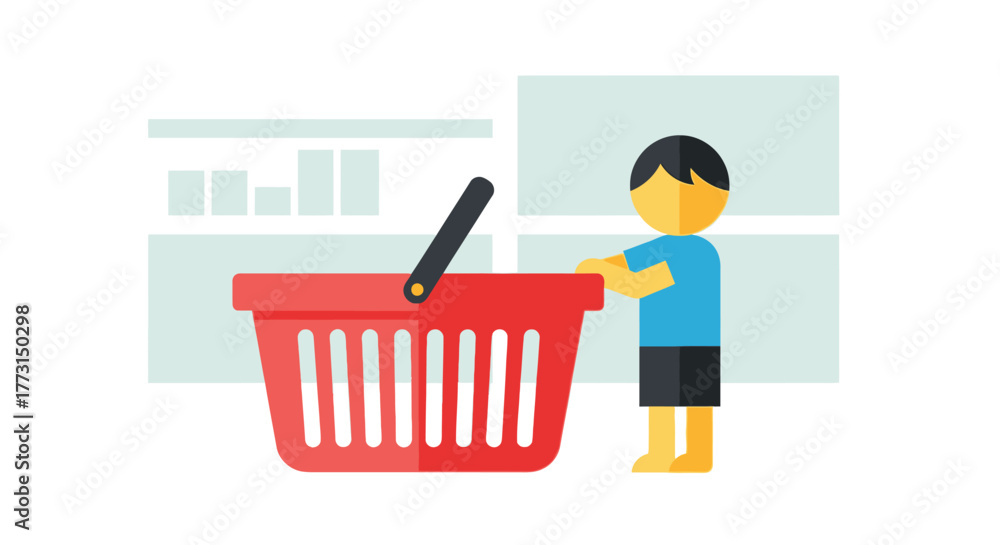 Fototapeta premium A young boy stands near a red shopping basket indoors