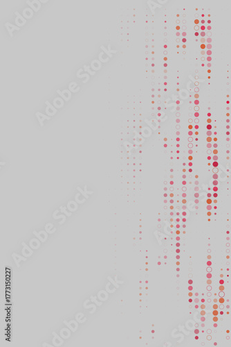 Vertical stream of vibrant red and orange circles and dots on a light grey abstract background, creating a modern digital pattern.