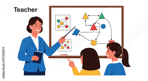 A teacher explains a complex diagram to two attentive young students