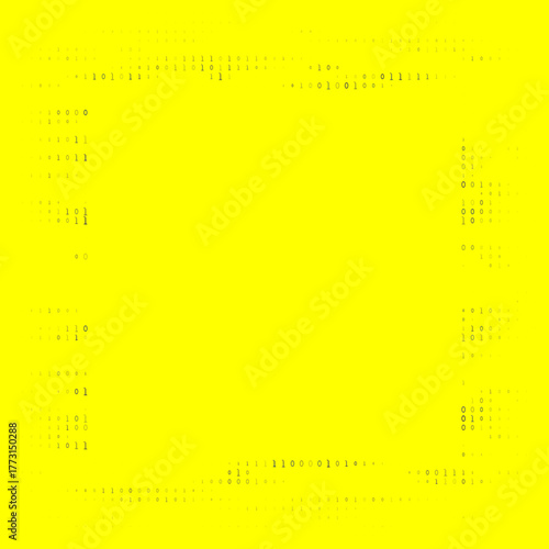 Vibrant yellow background with a subtle, abstract frame of binary code, representing digital information, technology, and data processing.