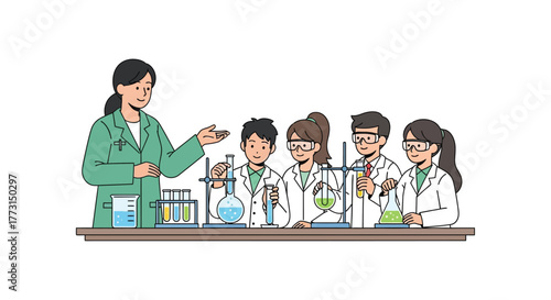 Teacher guiding students during a colorful chemistry experiment in a lab